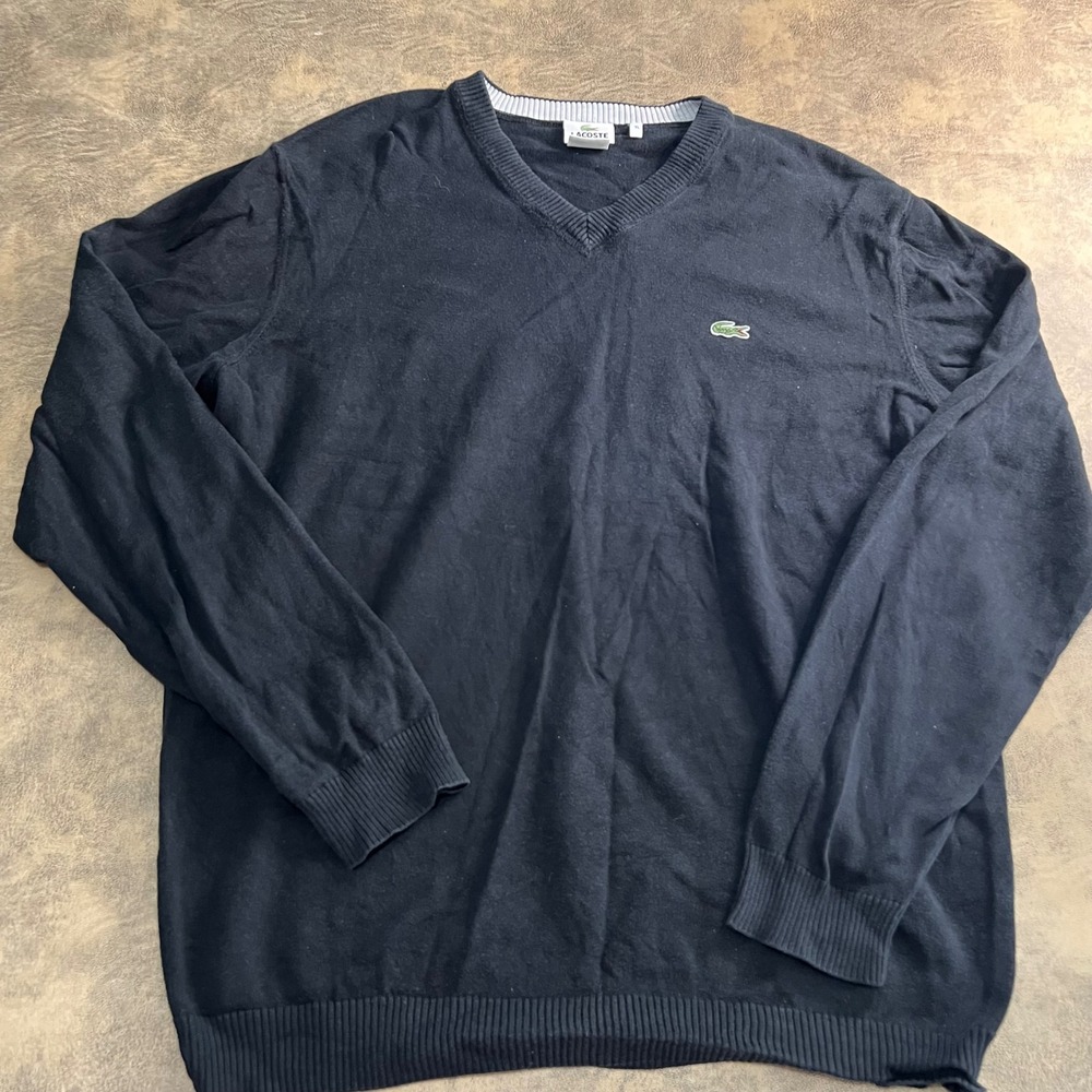 Lacoste V-Neck Sweater Mens XL US 7 FR LONG Black Cotton Embroidered Logo